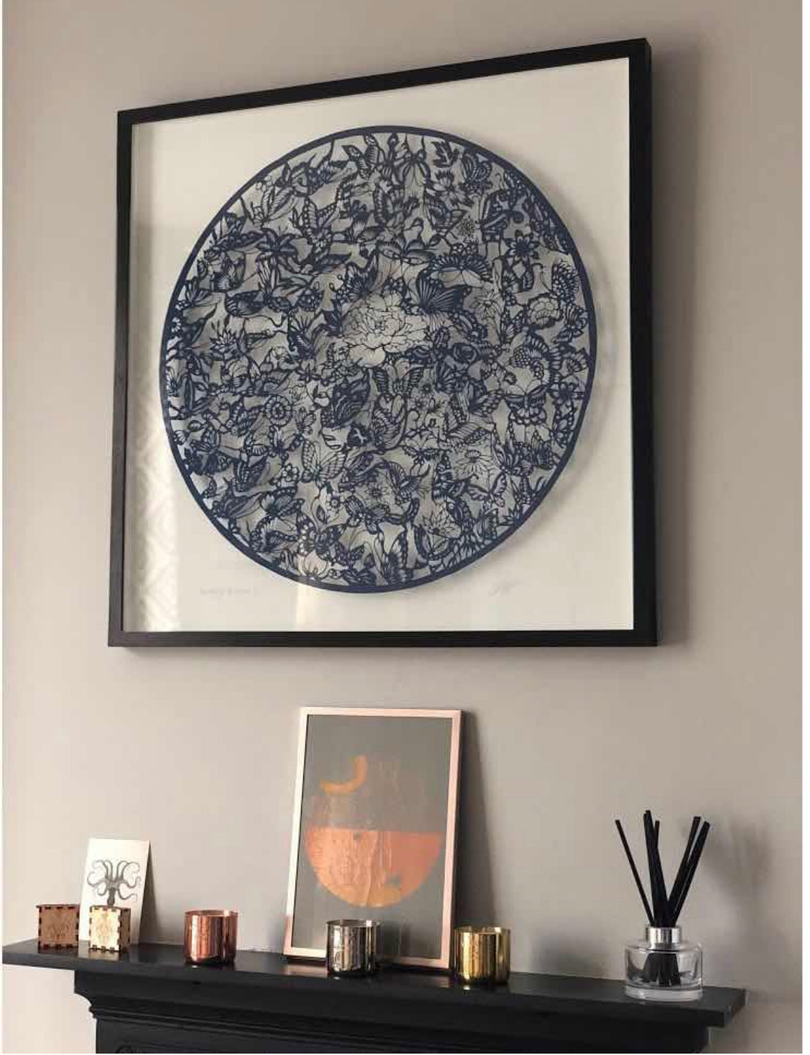 Butterfly & flower — hand - cut paper art 70 x 70 cm.