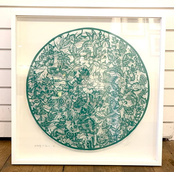 Butterfly & flower — hand - cut paper art 70 x 70 cm.
