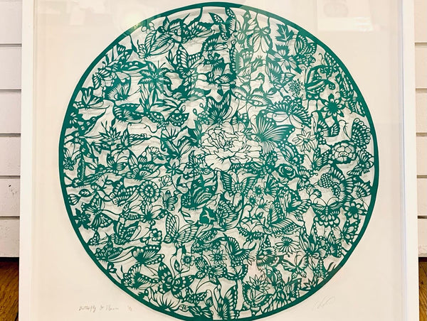 Butterfly & flower — hand - cut paper art 70 x 70 cm.