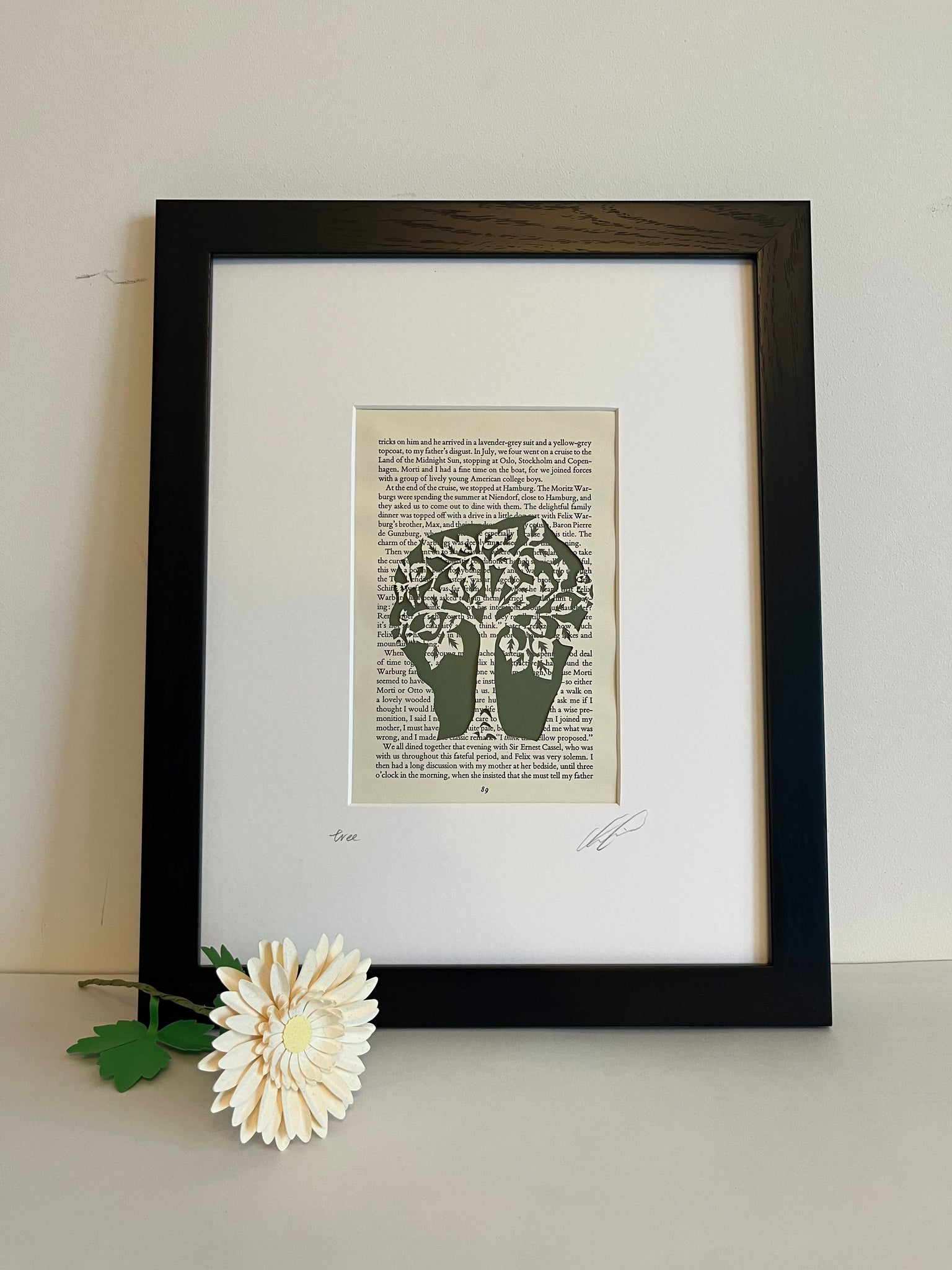 Tree — hand-cut paper art on vintage book page