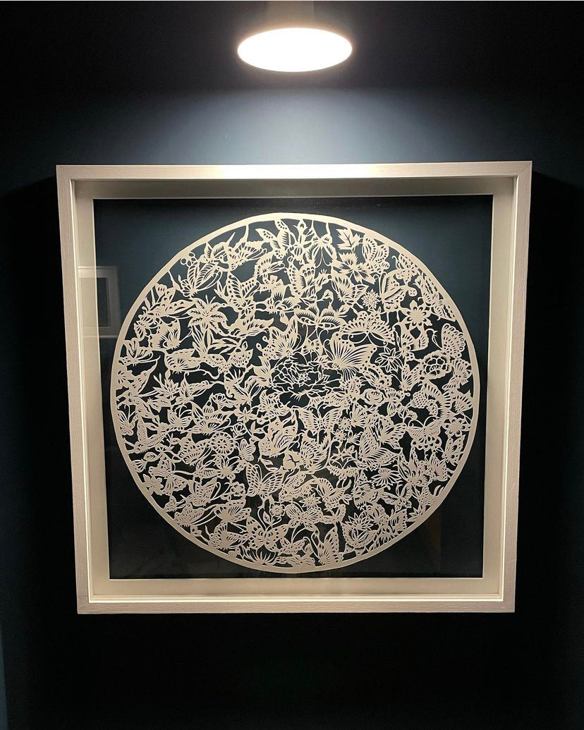 Butterfly & flower — hand - cut paper art 70 x 70 cm.