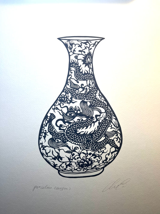 Blue & White Porcelain – Dragon Vase | Original Hand-Cut Paper Art
