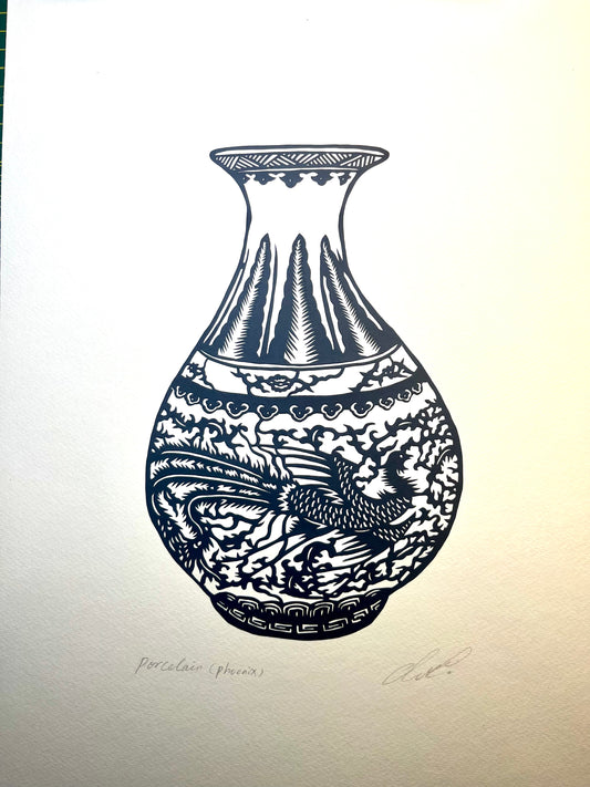Blue & White Porcelain – Phoenix Vase | Original Paper Art